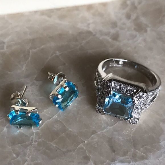 925 Sterling Silver Jewelry - 925 Sterling Silver December blue stone ring and earrings Set